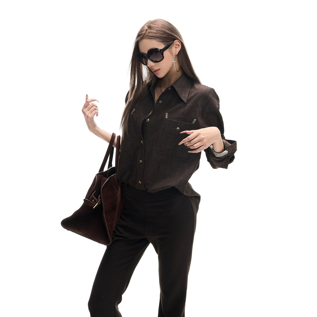 Fanptntox_Deep_Brown_Vintage_Loose_Drape_Turndown_Collar_Women's_Lyocell_Blend_Overshirts_976945206094_MISSTT
