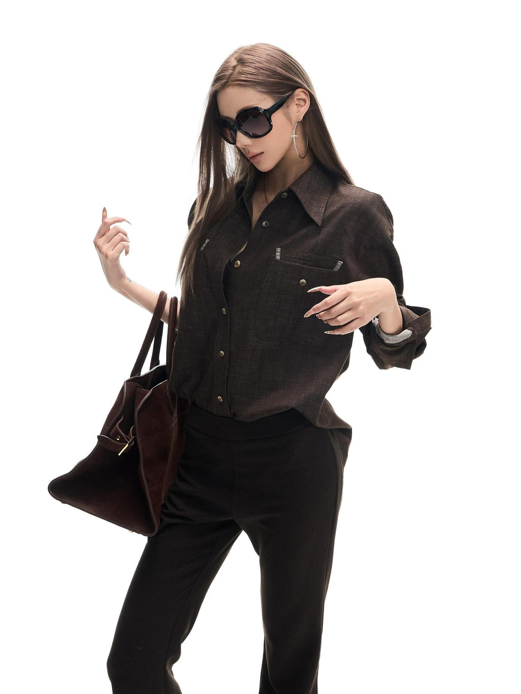 Fanptntox Deep Brown Vintage Loose Drape Turndown Collar Women's Lyocell Blend Overshirts