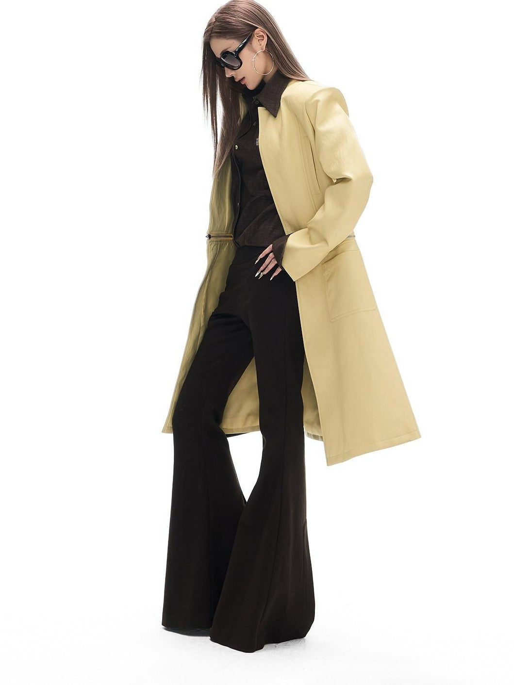 Fanptntox Deep Brown Vintage Loose Drape Turndown Collar Women's Lyocell Blend Overshirts