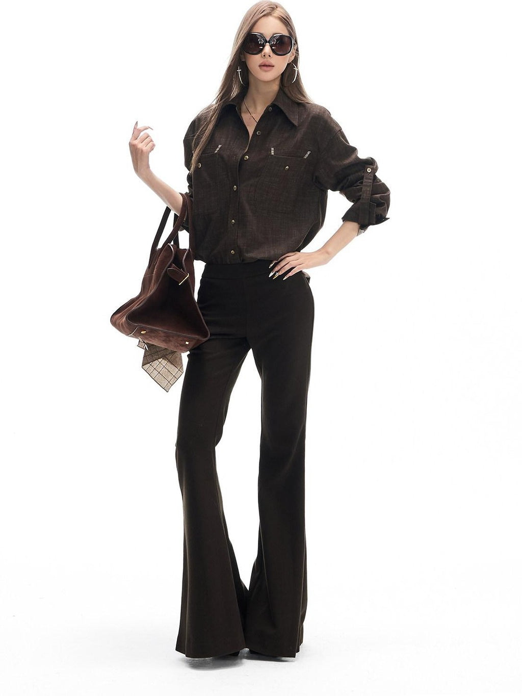 Fanptntox Deep Brown Vintage Loose Drape Turndown Collar Women's Lyocell Blend Overshirts