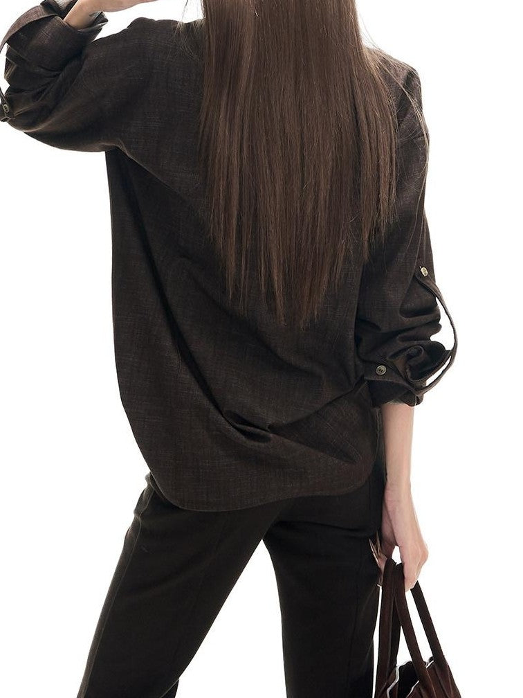 Fanptntox Deep Brown Vintage Loose Drape Turndown Collar Women's Lyocell Blend Overshirts