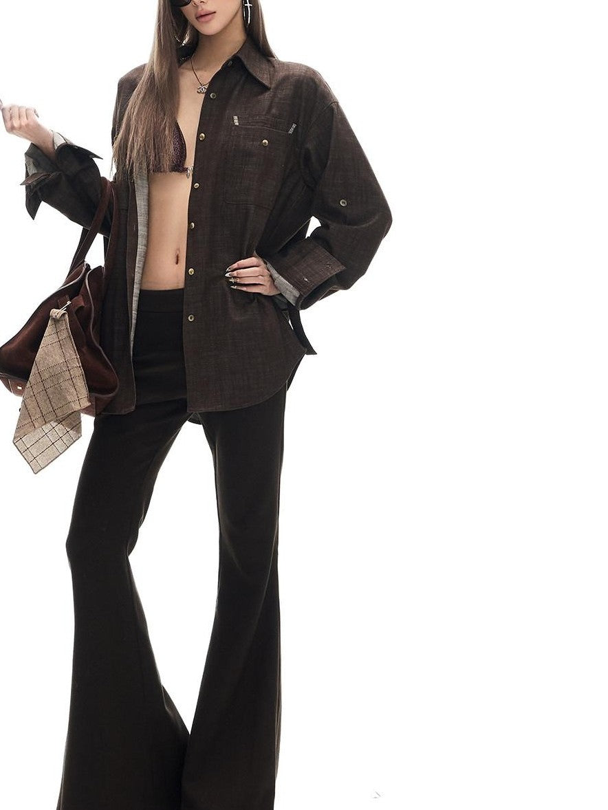 Fanptntox Deep Brown Vintage Loose Drape Turndown Collar Women's Lyocell Blend Overshirts