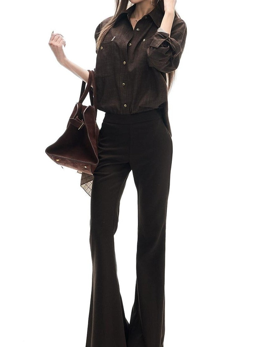 Fanptntox Deep Brown Vintage Loose Drape Turndown Collar Women's Lyocell Blend Overshirts