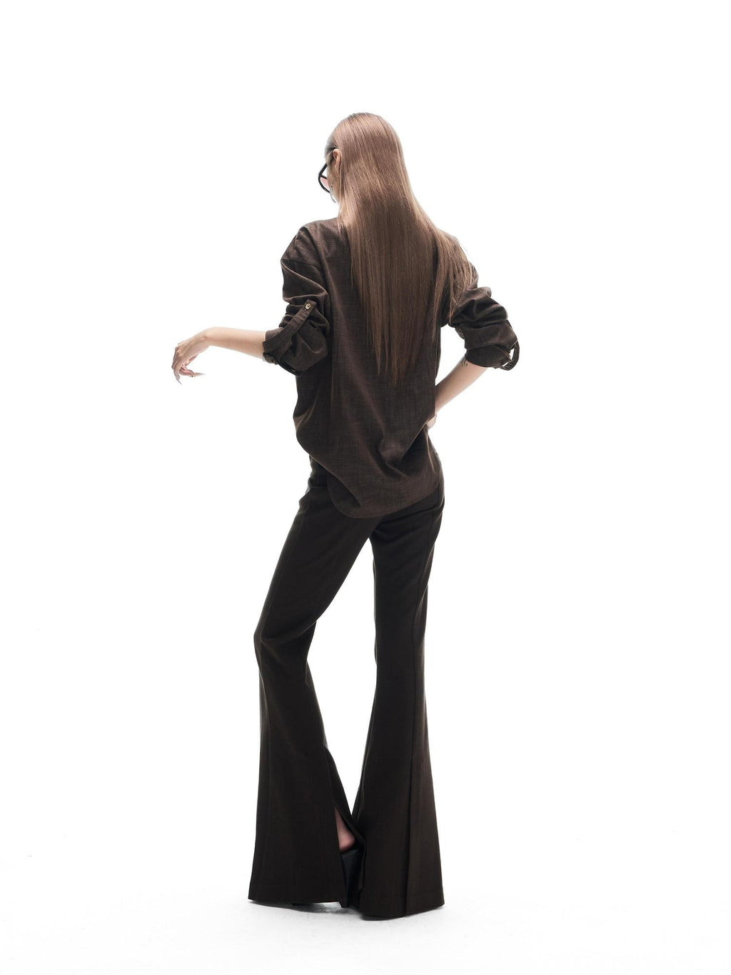 Fanptntox Deep Brown Vintage Loose Drape Turndown Collar Women's Lyocell Blend Overshirts