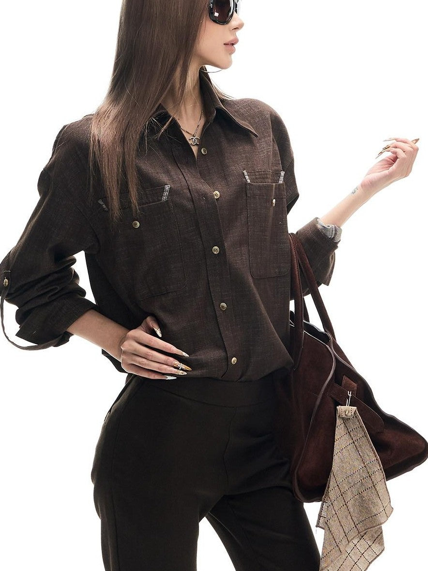 Fanptntox Deep Brown Vintage Loose Drape Turndown Collar Women's Lyocell Blend Overshirts