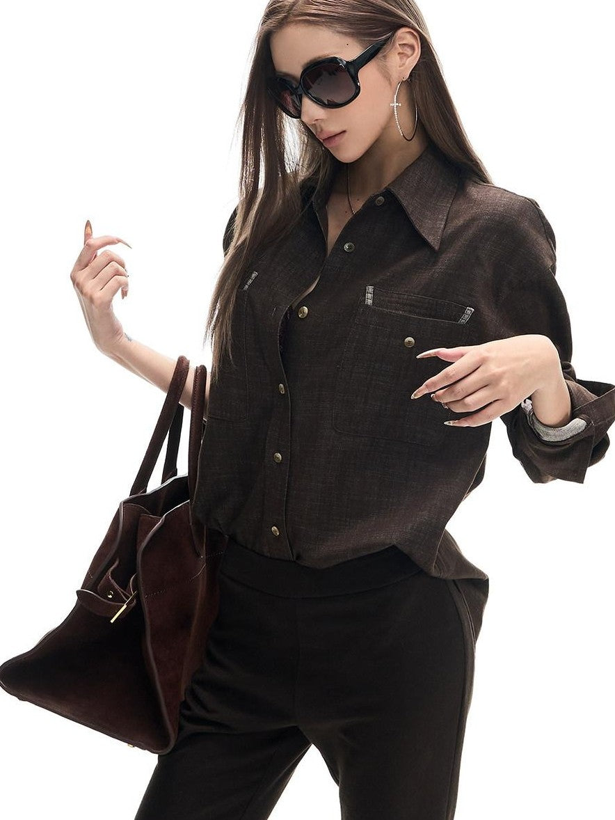 Fanptntox Deep Brown Vintage Loose Drape Turndown Collar Women's Lyocell Blend Overshirts