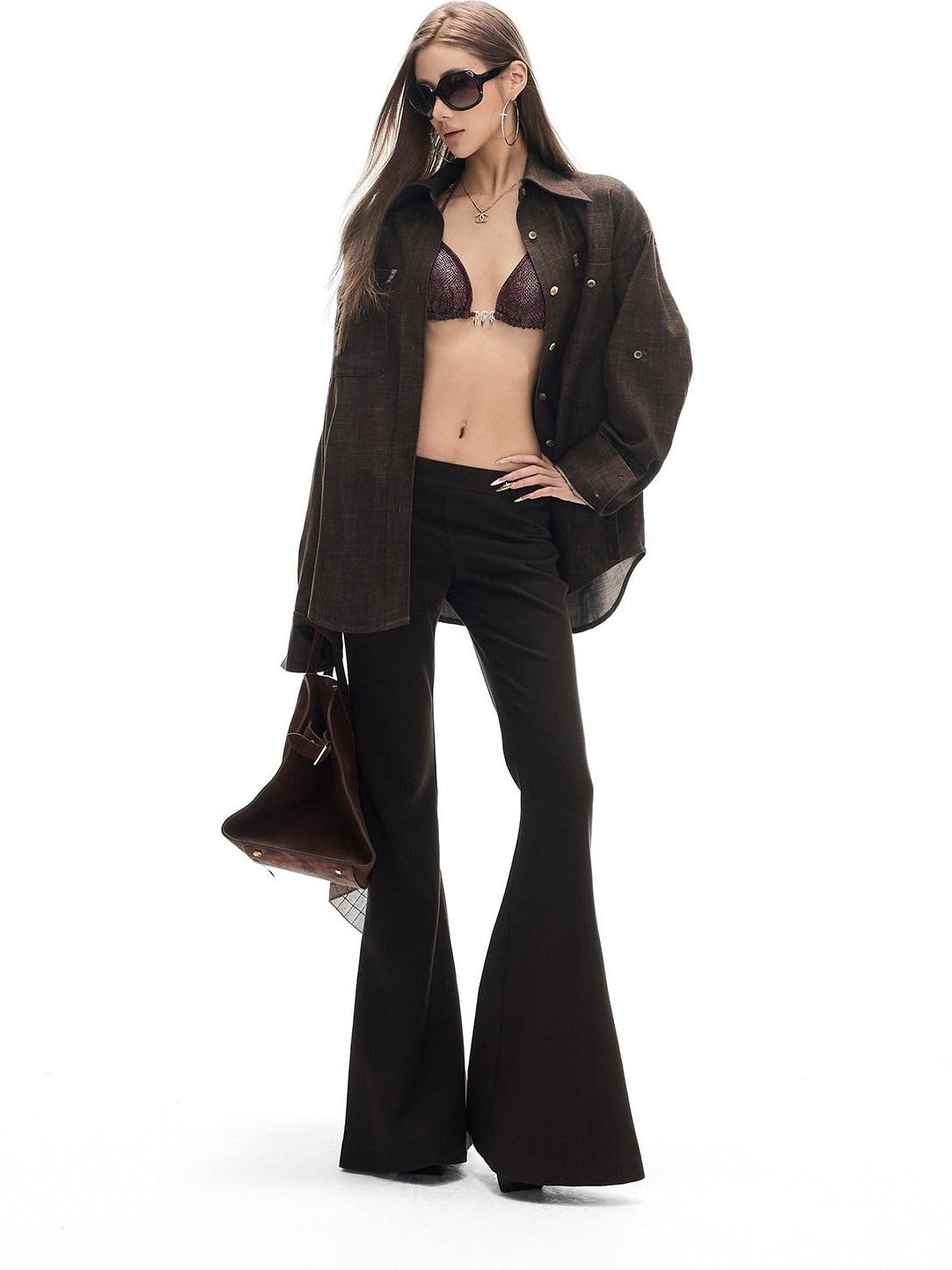 Fanptntox Deep Brown Vintage Loose Drape Turndown Collar Women's Lyocell Blend Overshirts