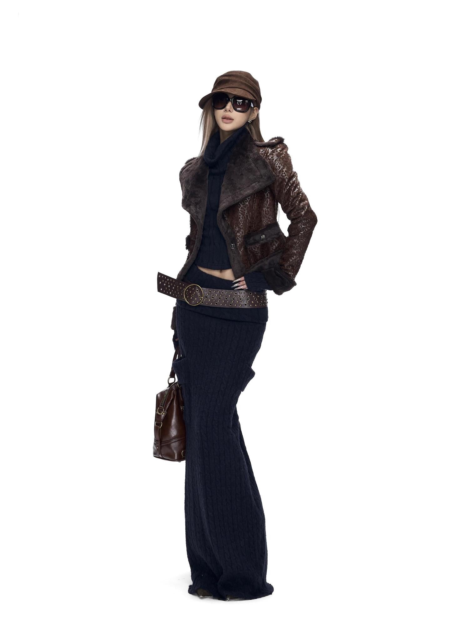 Fanptntox Deep Coffee Leopard Print Short Slim Women's Faux Mink Leather Jackets