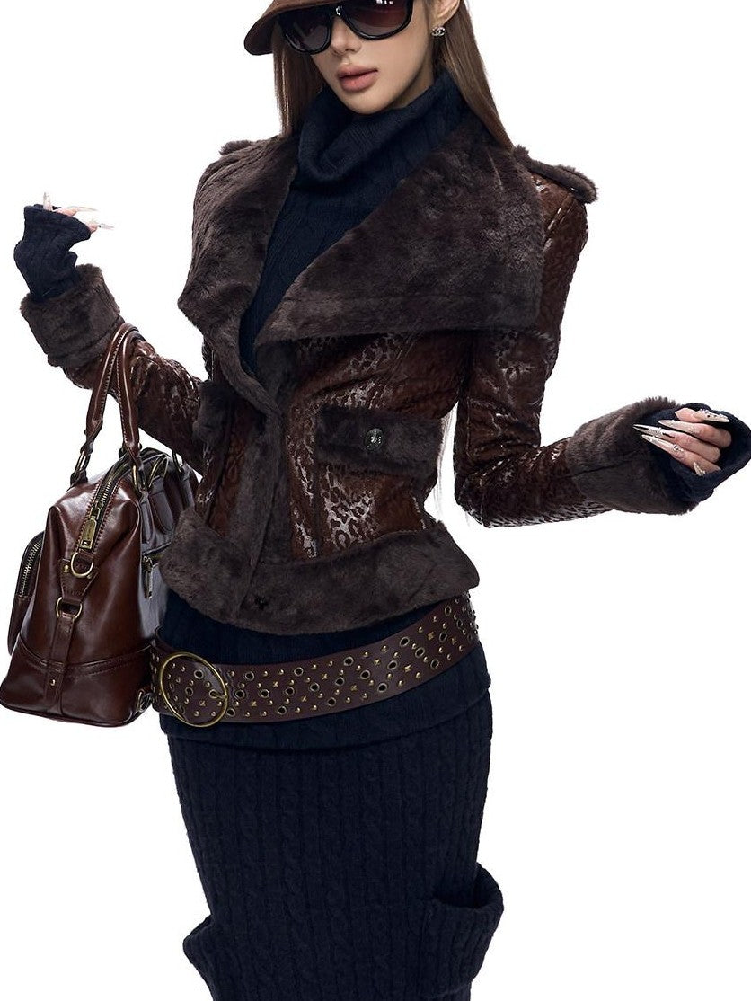Fanptntox Deep Coffee Leopard Print Short Slim Women's Faux Mink Leather Jackets