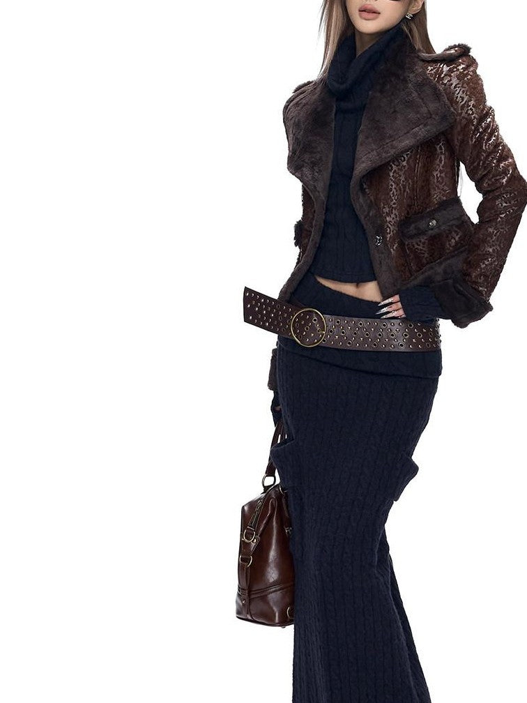 Fanptntox Deep Coffee Leopard Print Short Slim Women's Faux Mink Leather Jackets