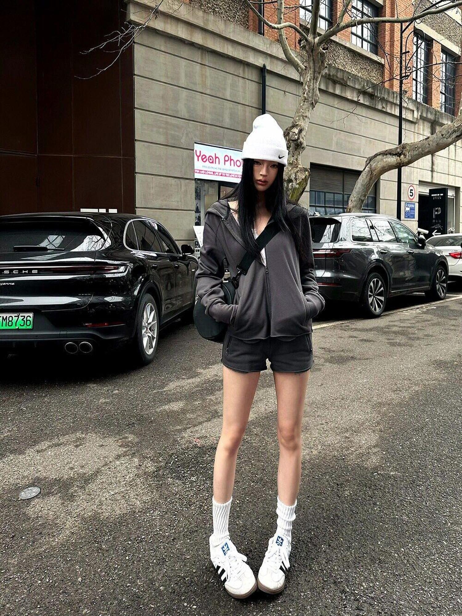 Fanptntox Deep Gray Hooded Zip Up Slim Fit Women's Casual Top & Shorts Sets