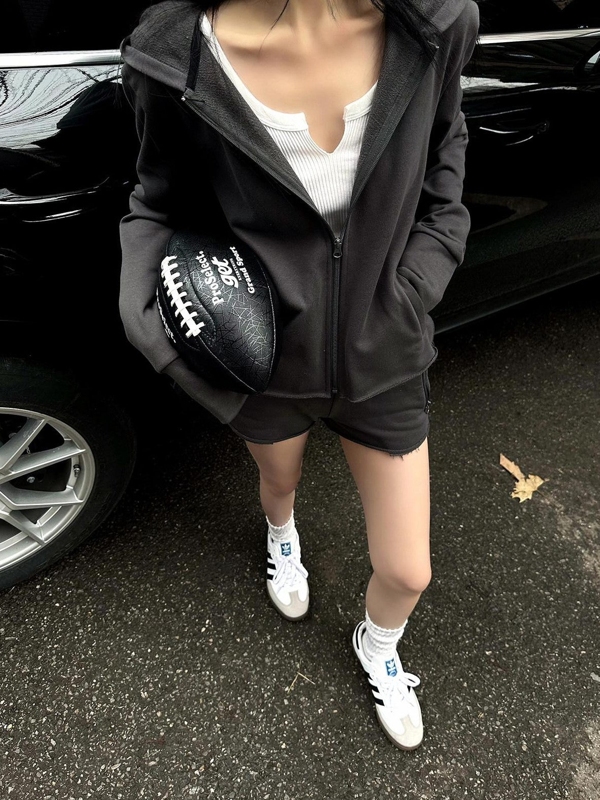 Fanptntox Deep Gray Hooded Zip Up Slim Fit Women's Casual Top & Shorts Sets