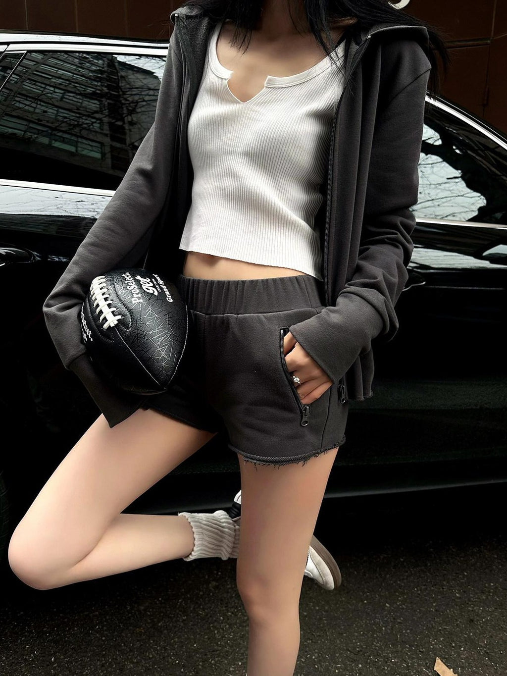 Fanptntox Deep Gray Hooded Zip Up Slim Fit Women's Casual Top & Shorts Sets