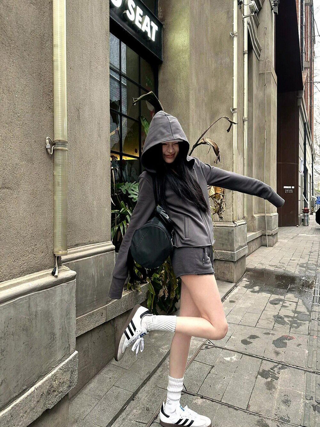 Fanptntox Deep Gray Hooded Zip Up Slim Fit Women's Casual Top & Shorts Sets