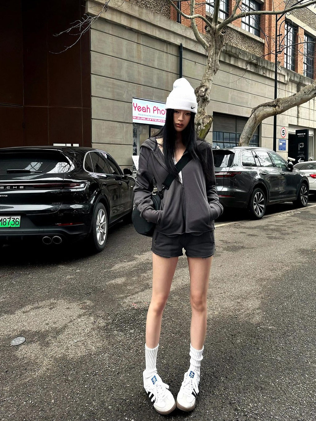 Fanptntox Deep Gray Hooded Zip Up Slim Fit Women's Casual Top & Shorts Sets