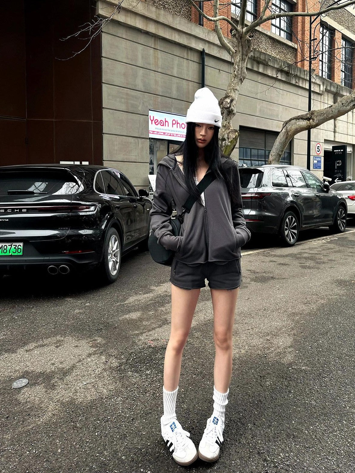 Fanptntox Deep Gray Hooded Zip Up Slim Fit Women's Casual Top & Shorts Sets