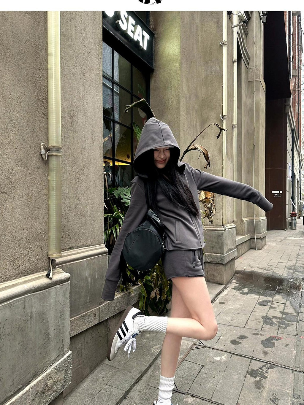 Fanptntox Deep Gray Hooded Zip Up Slim Fit Women's Casual Top & Shorts Sets