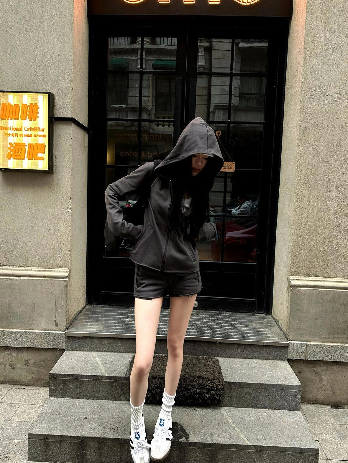 Fanptntox Deep Gray Hooded Zip Up Slim Fit Women's Casual Top & Shorts Sets