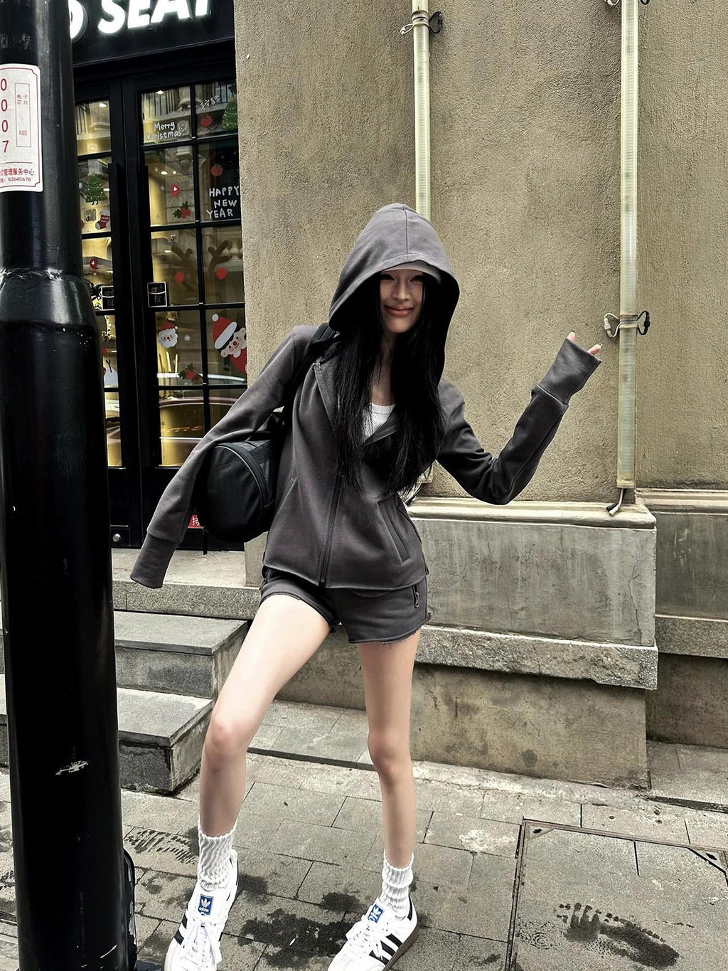 Fanptntox Deep Gray Hooded Zip Up Slim Fit Women's Casual Top & Shorts Sets