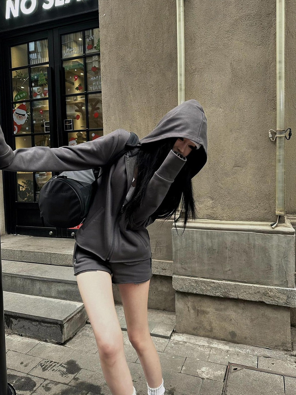 Fanptntox Deep Gray Hooded Zip Up Slim Fit Women's Casual Top & Shorts Sets