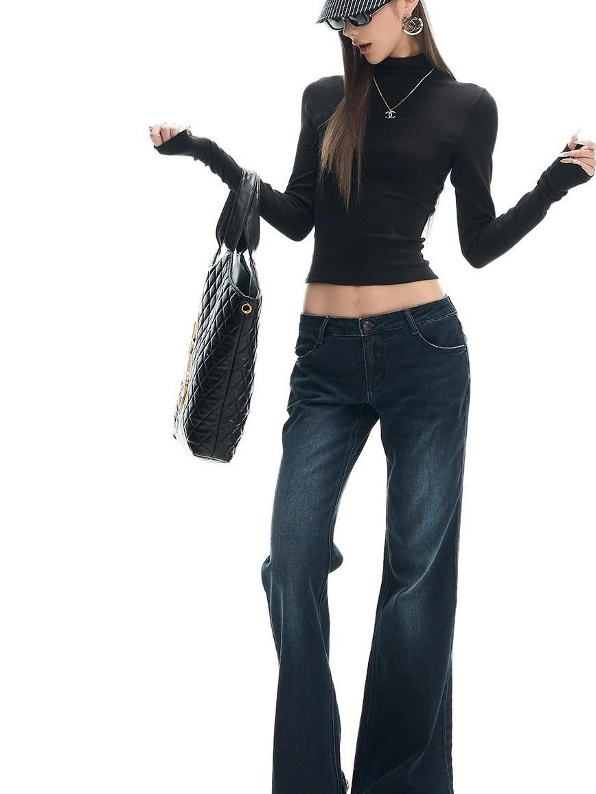 Fanptntox Deep Indigo Washed Whisker Vintage Women's Cotton Stretch Straight-leg Jeans