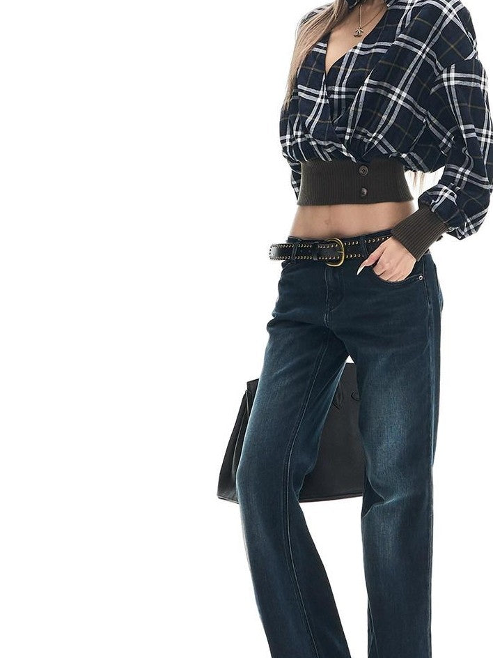 Fanptntox Deep Indigo Washed Whisker Vintage Women's Cotton Stretch Straight-leg Jeans