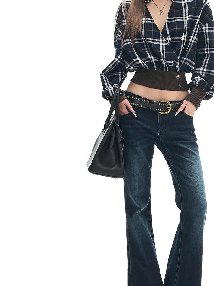 Fanptntox Deep Indigo Washed Whisker Vintage Women's Cotton Stretch Straight-leg Jeans