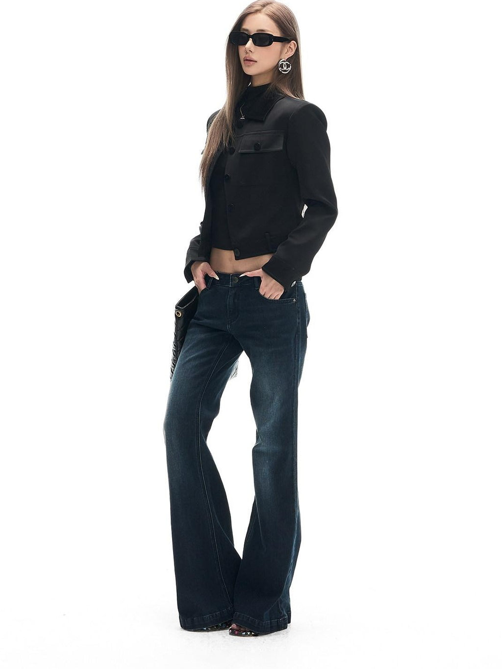 Fanptntox Deep Indigo Washed Whisker Vintage Women's Cotton Stretch Straight-leg Jeans