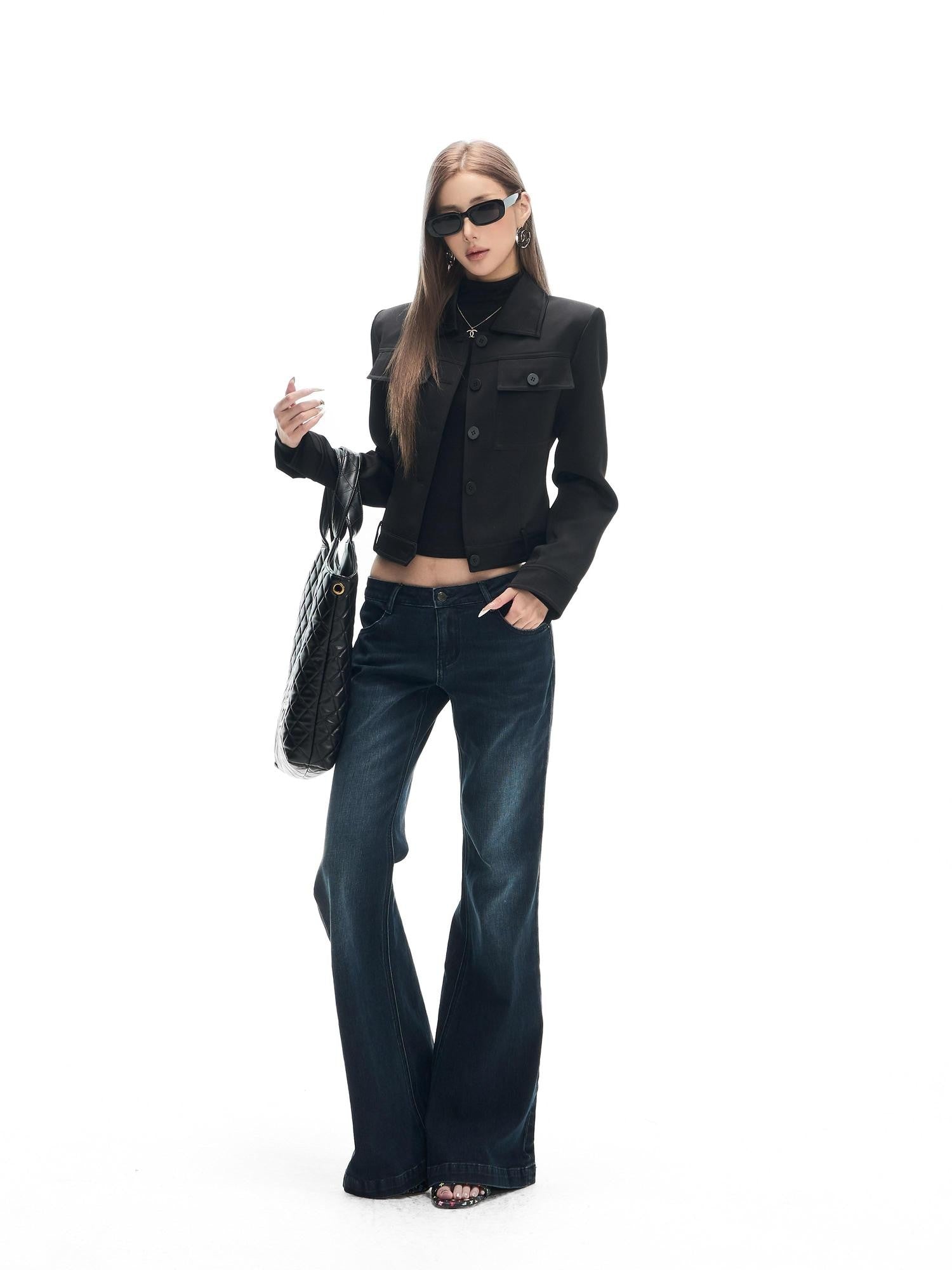 Fanptntox Deep Indigo Washed Whisker Vintage Women's Cotton Stretch Straight-leg Jeans