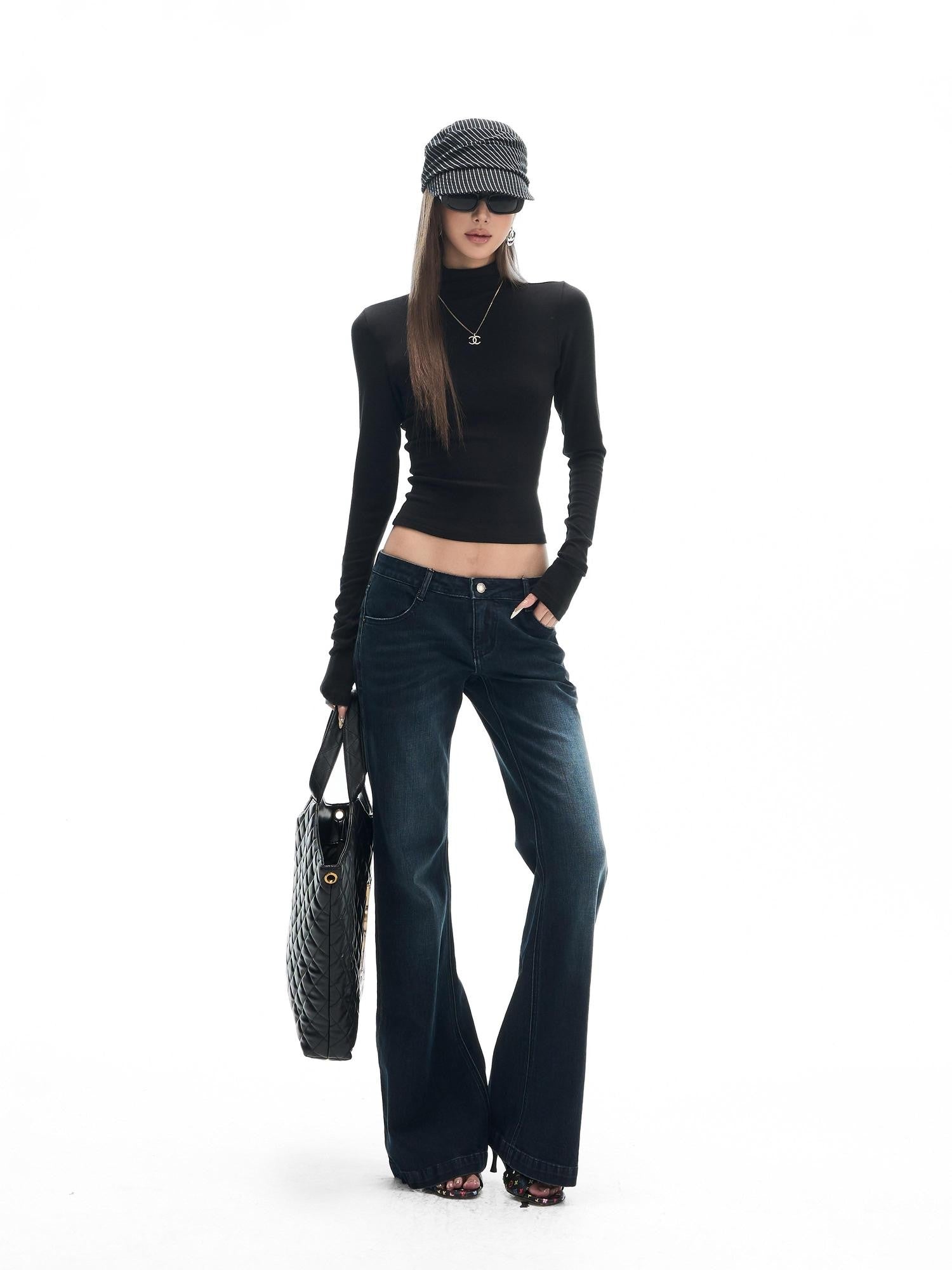 Fanptntox Deep Indigo Washed Whisker Vintage Women's Cotton Stretch Straight-leg Jeans