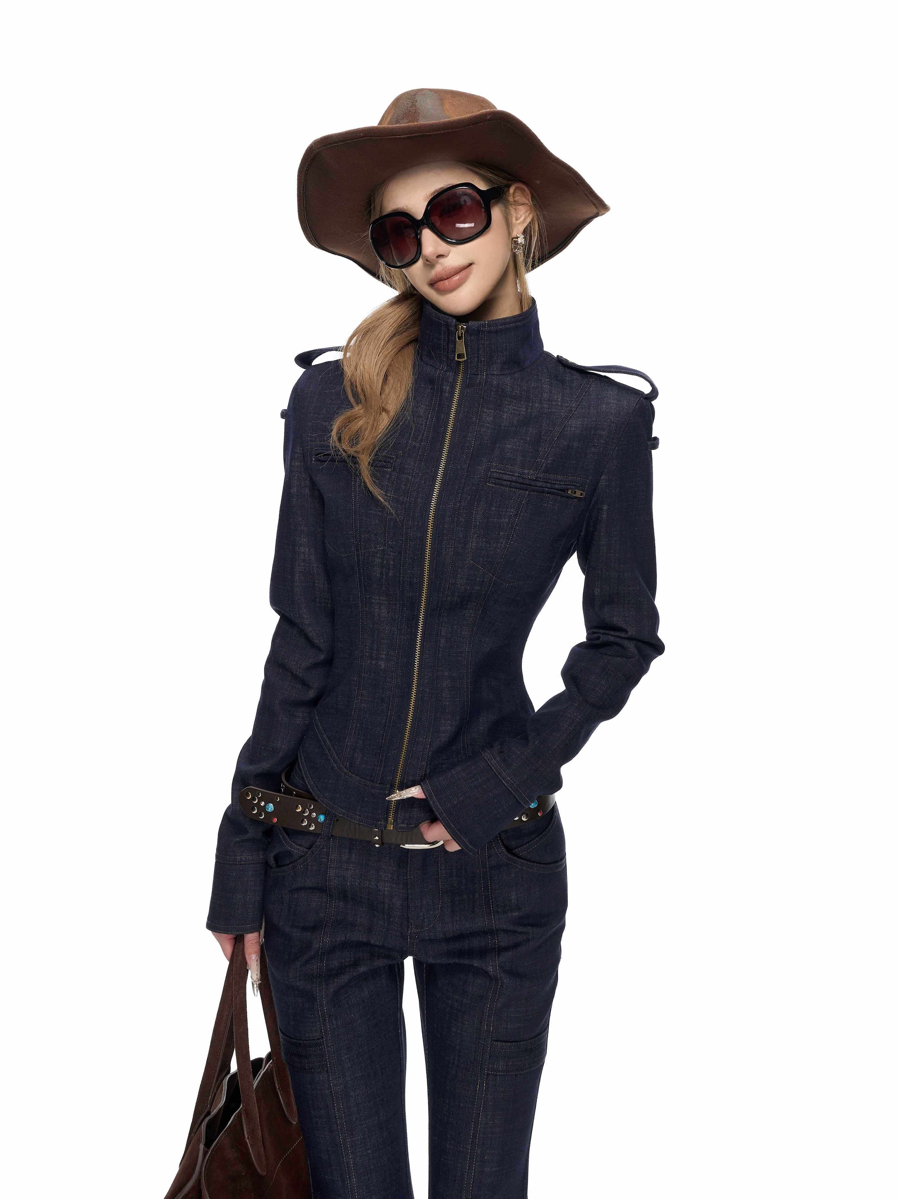 Fanptntox_Deep_Navy_Stand_Collar_Slim_High_Waist_Flare_Women's_Casual_Top_&_Pants_Sets_1007285071954_MISSTT