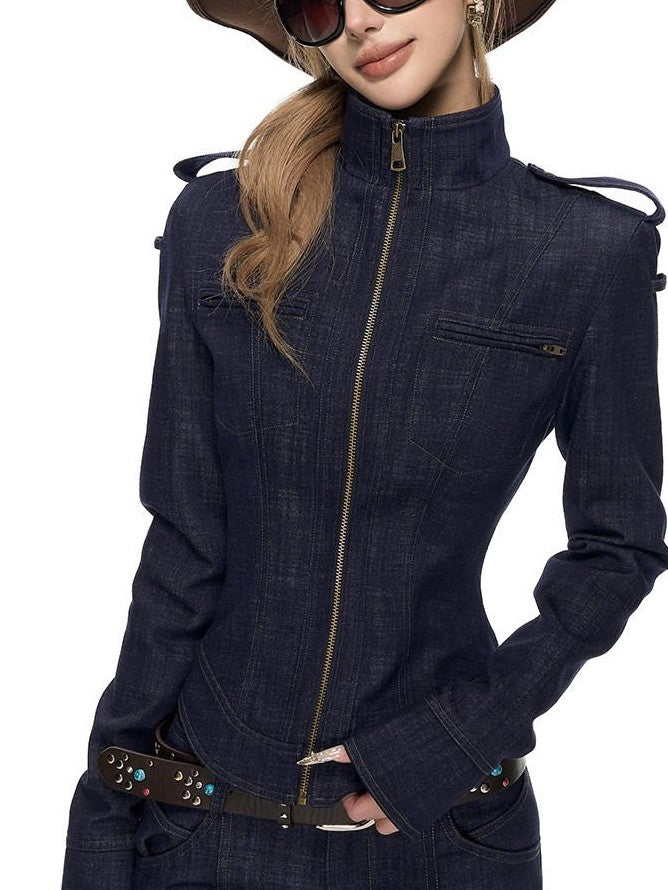 Fanptntox Deep Navy Stand Collar Slim High Waist Flare Women's Casual Top & Pants Sets