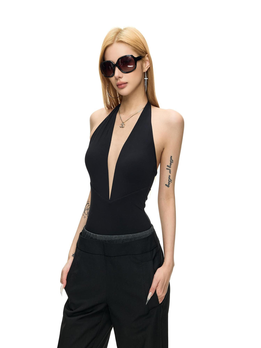 Fanptntox Deep V Sleeveless Halter Fitted Women's Nylon Stretch Knit Halter Bodysuits