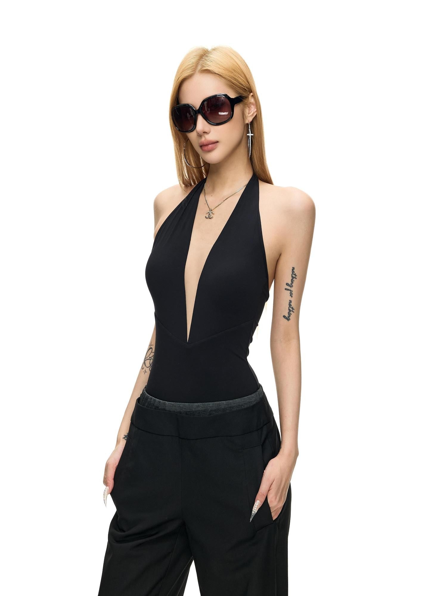 Fanptntox Deep V Sleeveless Halter Fitted Women's Nylon Stretch Knit Halter Bodysuits