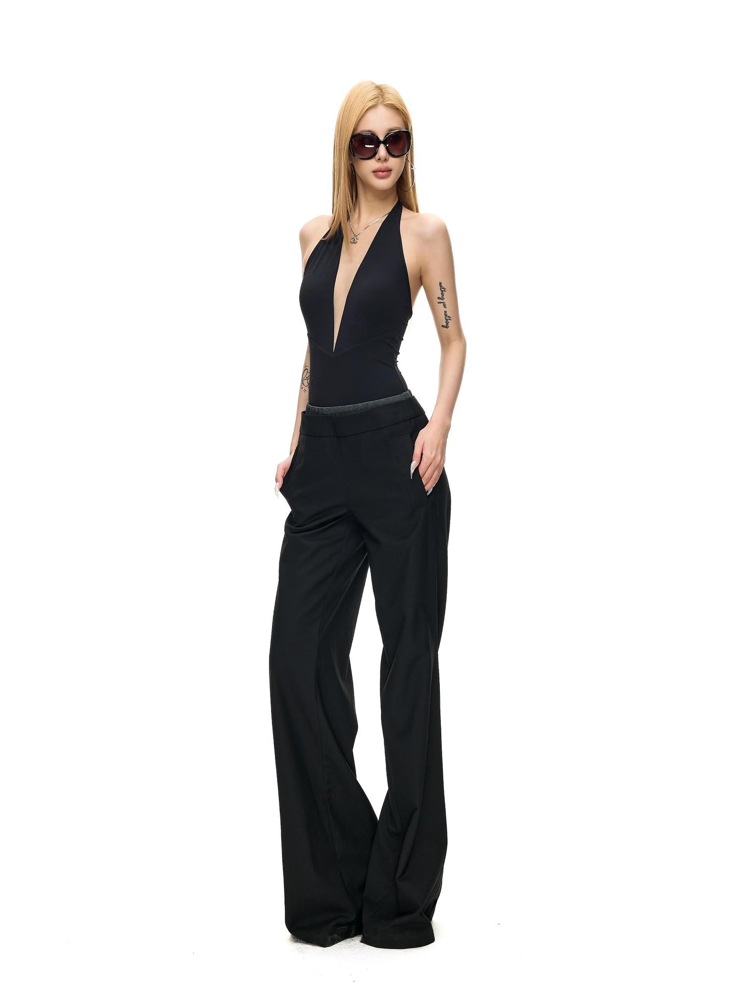 Fanptntox Deep V Sleeveless Halter Fitted Women's Nylon Stretch Knit Halter Bodysuits