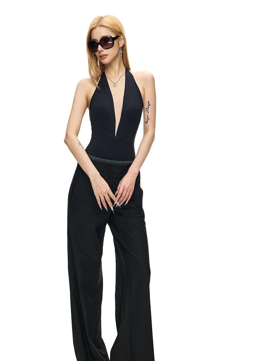 Fanptntox Deep V Sleeveless Halter Fitted Women's Nylon Stretch Knit Halter Bodysuits