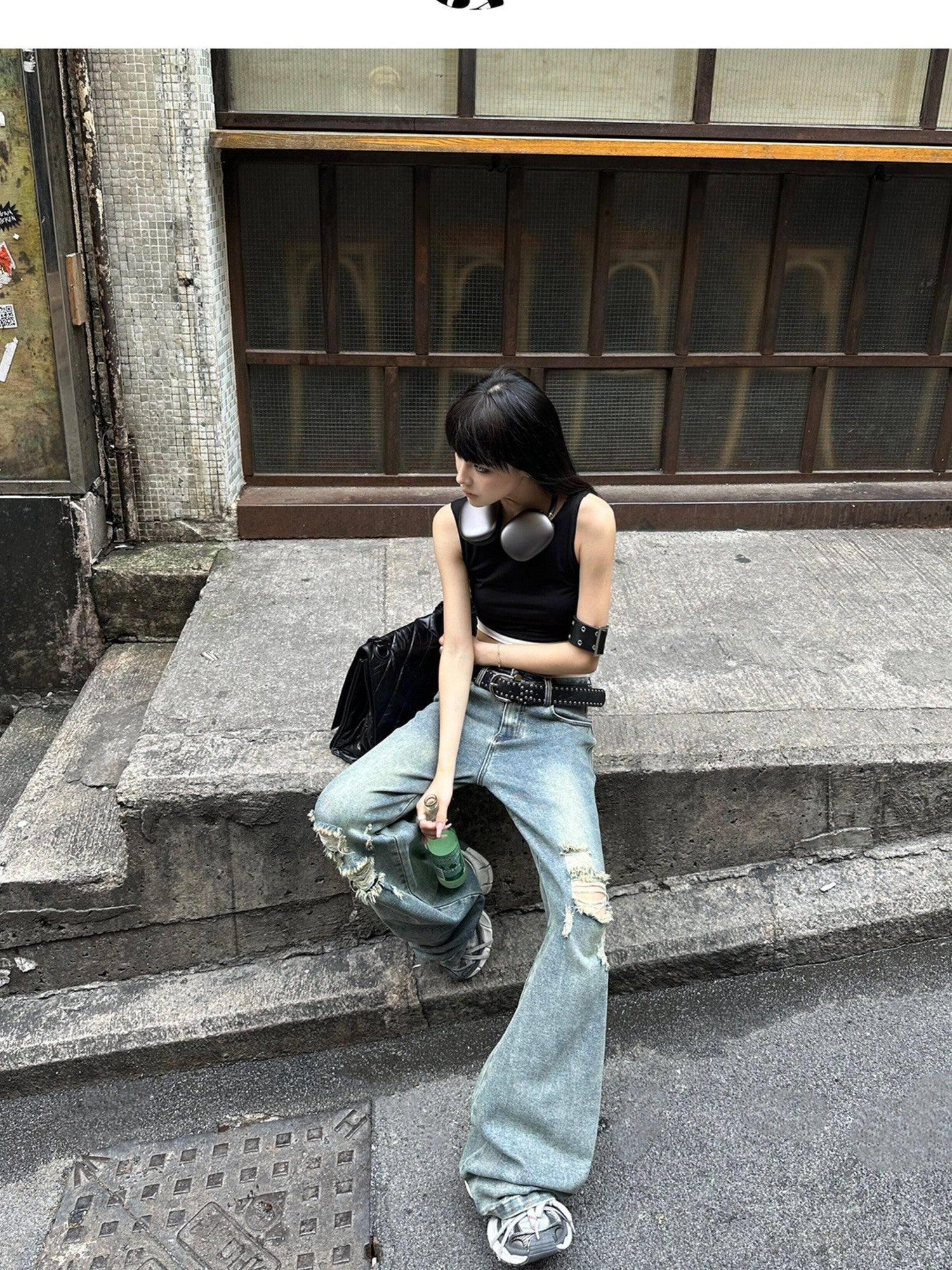 Fanptntox Denim Blue Ripped Low Rise Women's Cotton Stretch Denim Wide-leg Jeans