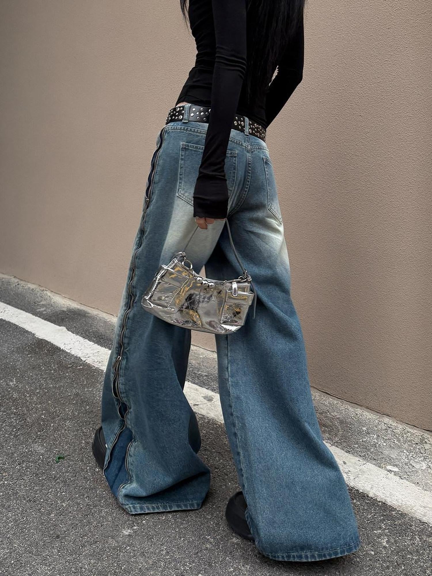 Fanptntox Denim Blue Side Zipper Washed Low Rise Drapey Loose Women's Denim Wide-leg Jeans
