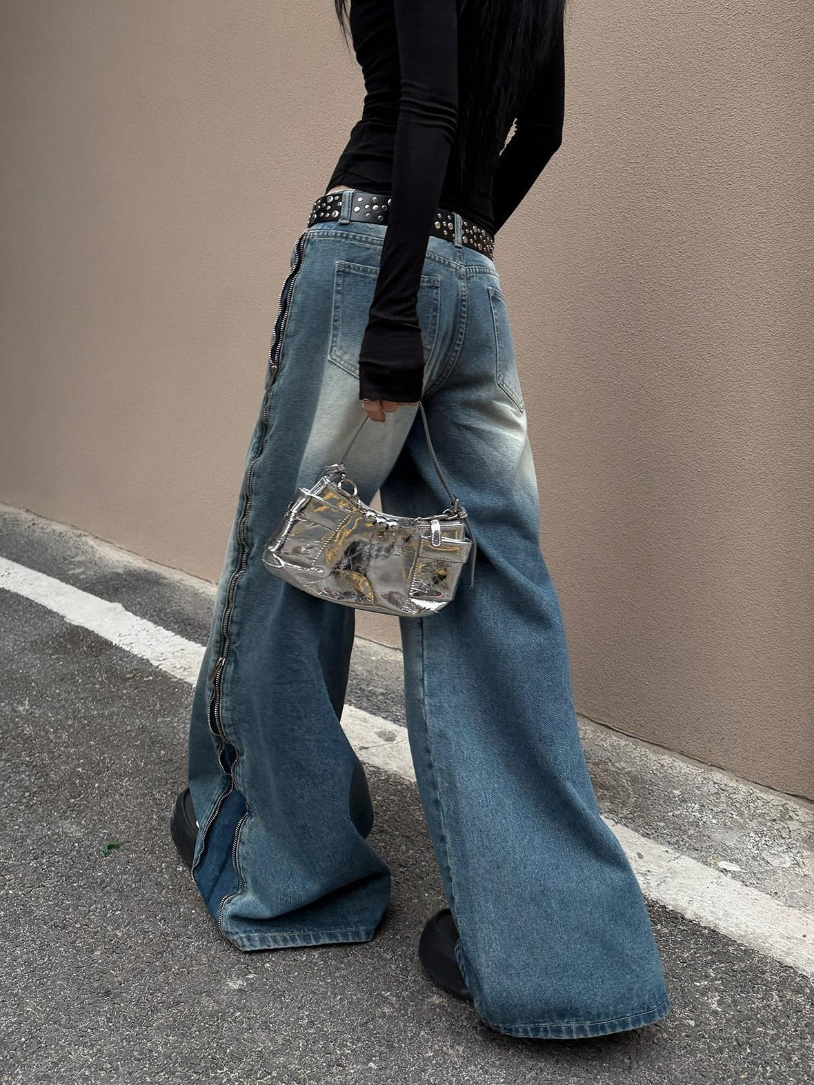 Fanptntox Denim Blue Side Zipper Washed Low Rise Drapey Loose Women's Denim Wide-leg Jeans