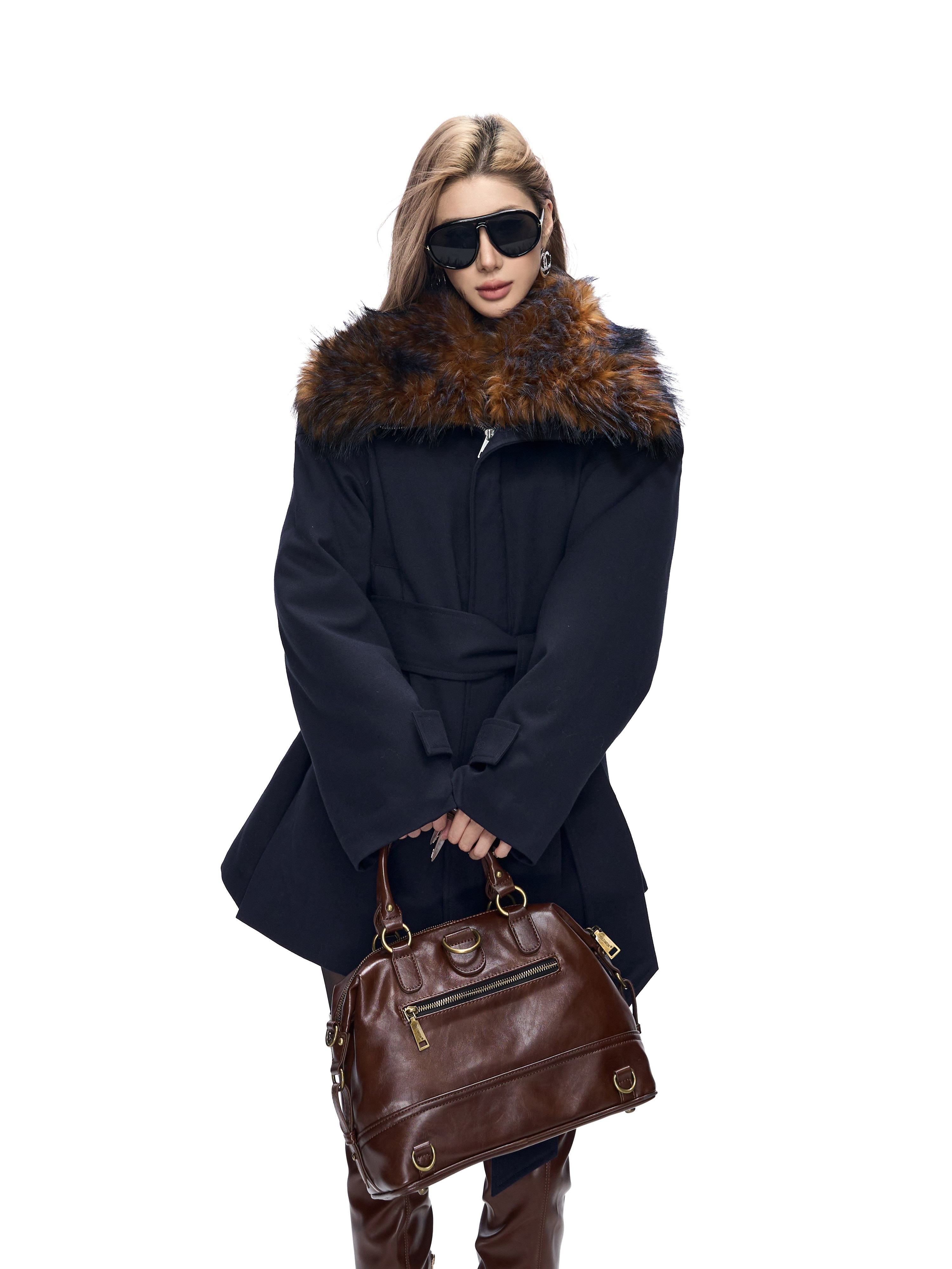 Fanptntox_Detachable_Fur_Collar_Drawstring_Waist_Women's_Polyester_Short_Coats_986977327116_MISSTT