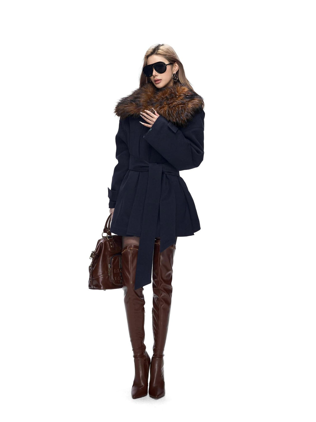 Fanptntox Detachable Fur Collar Drawstring Waist Women's Polyester Short Coats