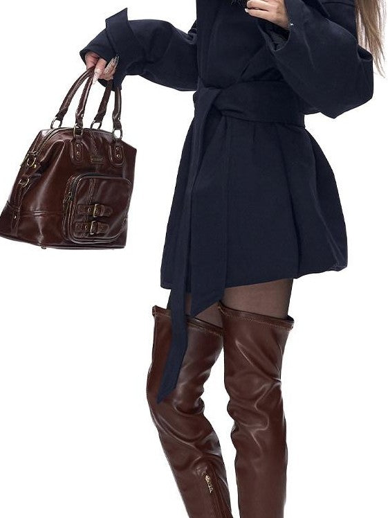 Fanptntox Detachable Fur Collar Drawstring Waist Women's Polyester Short Coats