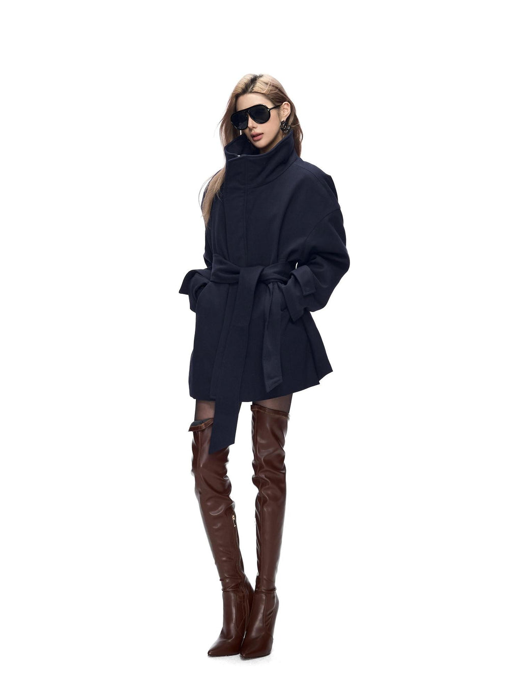 Fanptntox Detachable Fur Collar Drawstring Waist Women's Polyester Short Coats