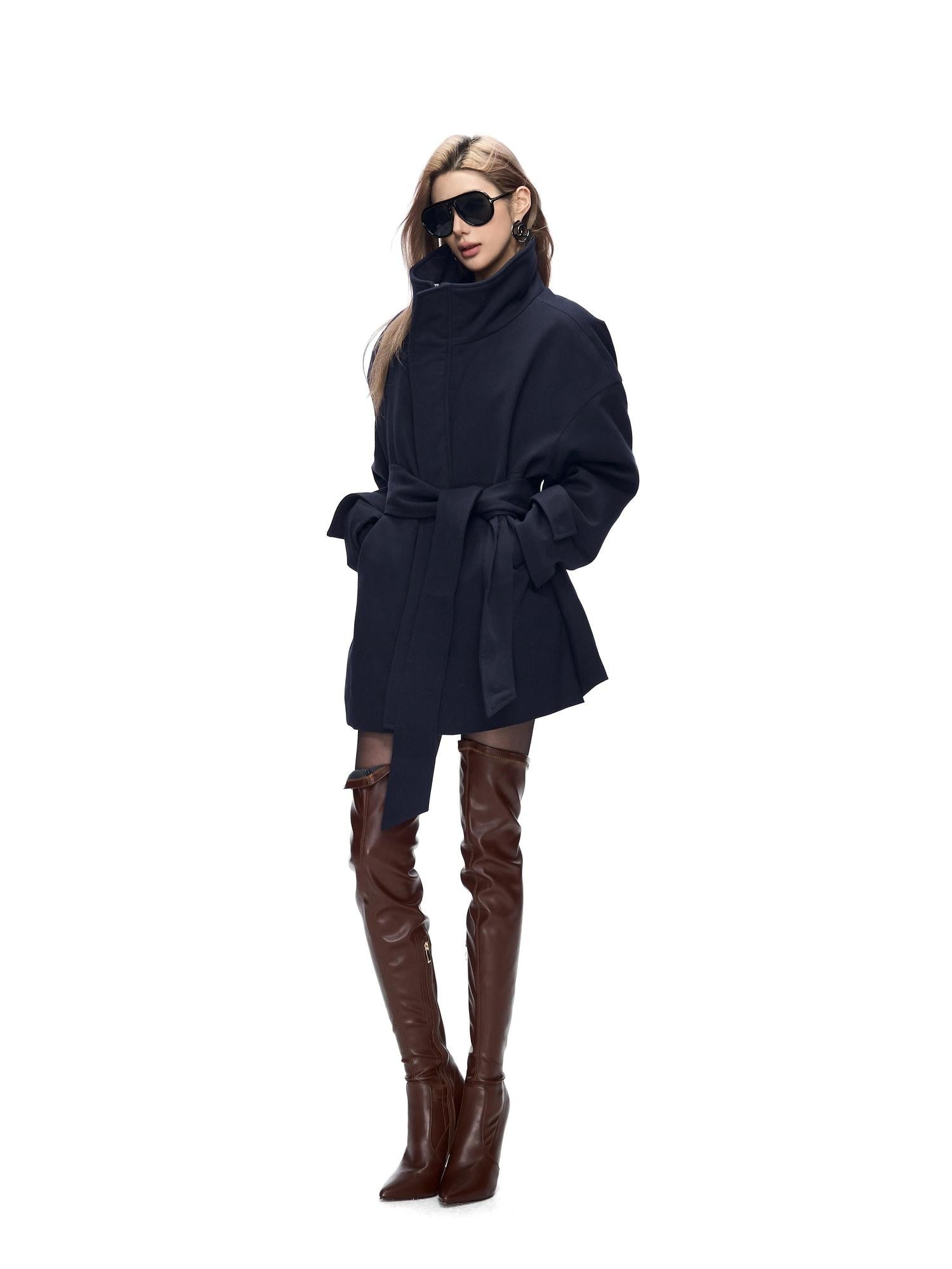 Fanptntox Detachable Fur Collar Drawstring Waist Women's Polyester Short Coats