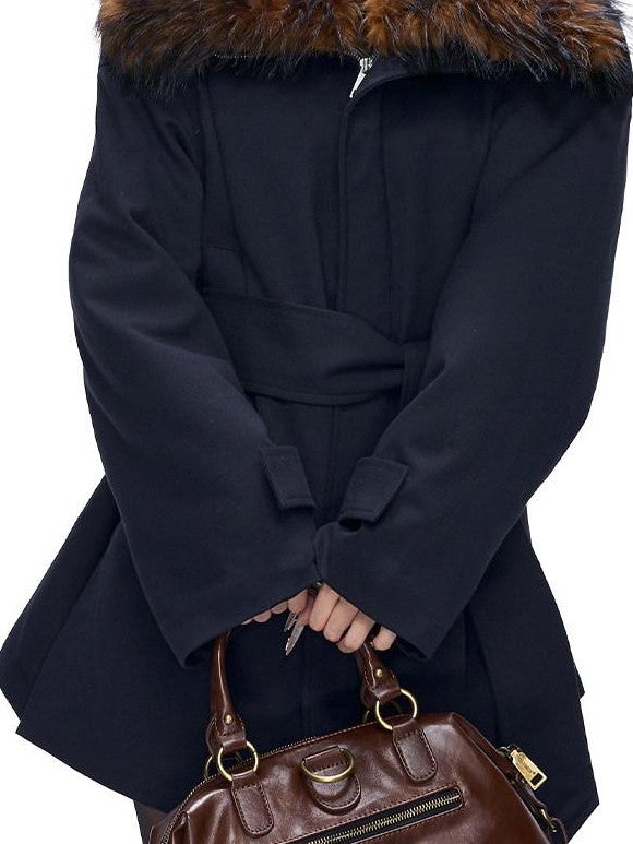 Fanptntox Detachable Fur Collar Drawstring Waist Women's Polyester Short Coats