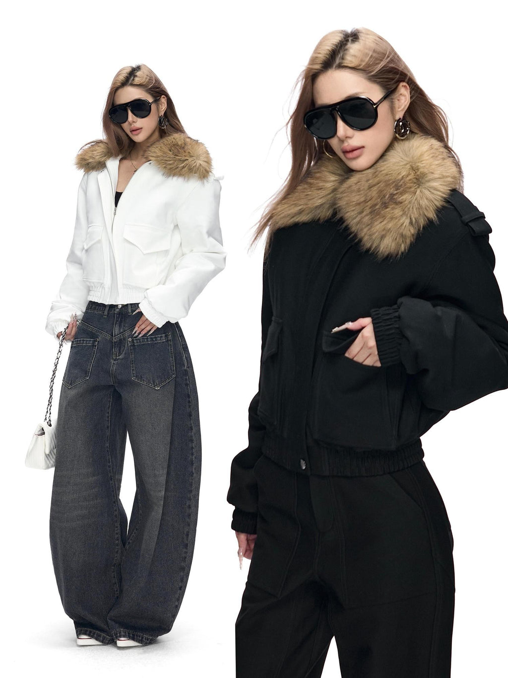 Fanptntox Detachable Fur Collar Quilted Short Women's Polyester Blend Puffer Jackets