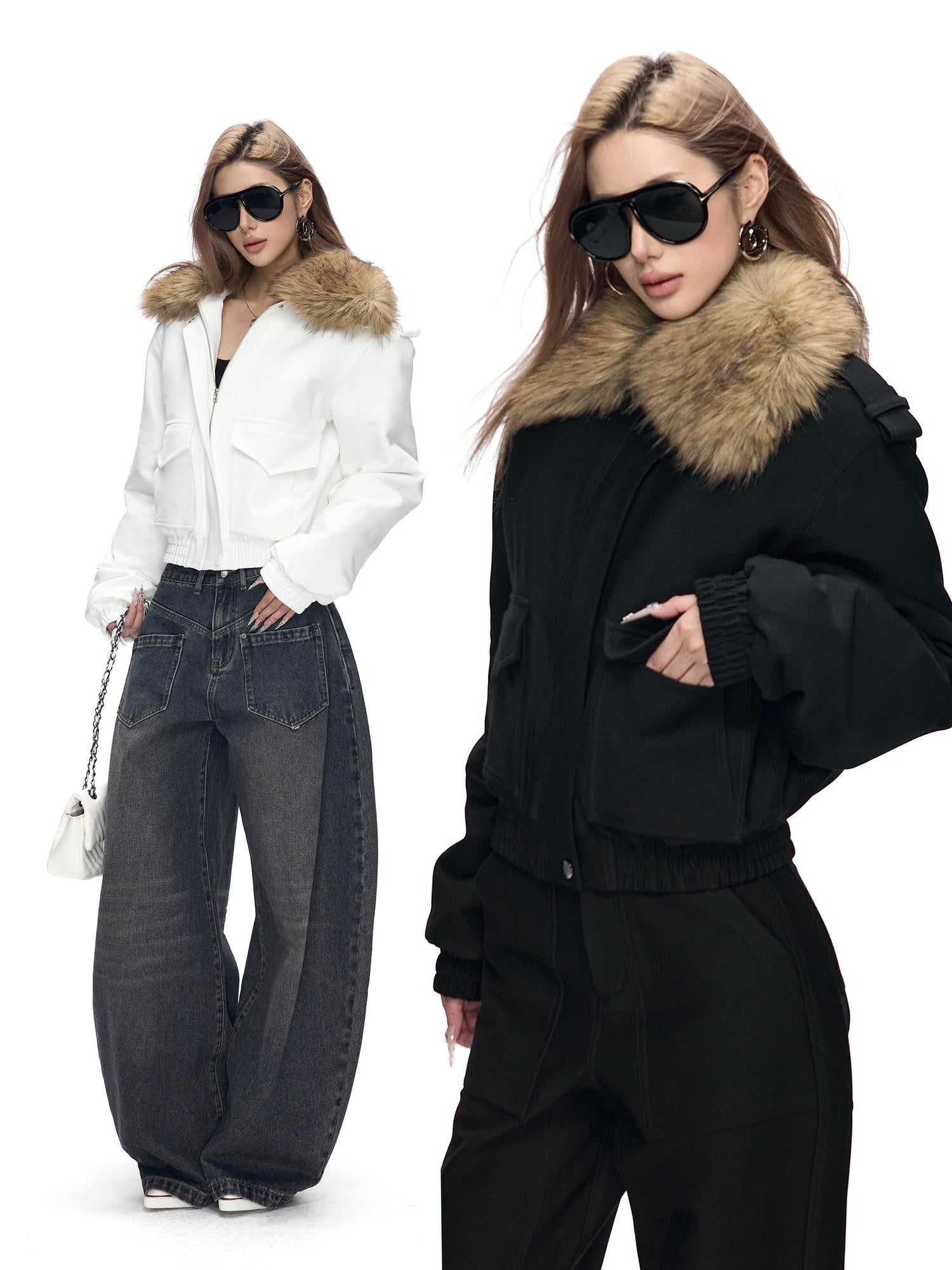 Fanptntox Detachable Fur Collar Quilted Short Women's Polyester Blend Puffer Jackets