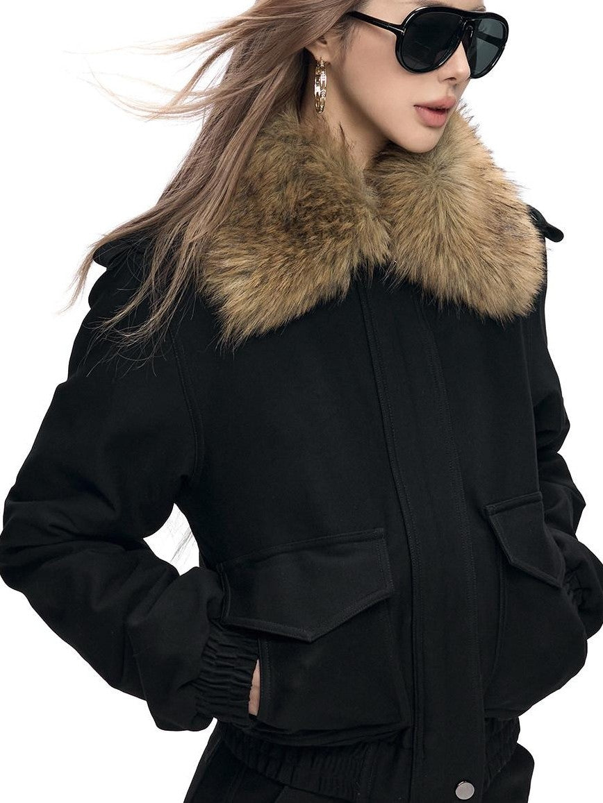 Fanptntox Detachable Fur Collar Quilted Short Women's Polyester Blend Puffer Jackets