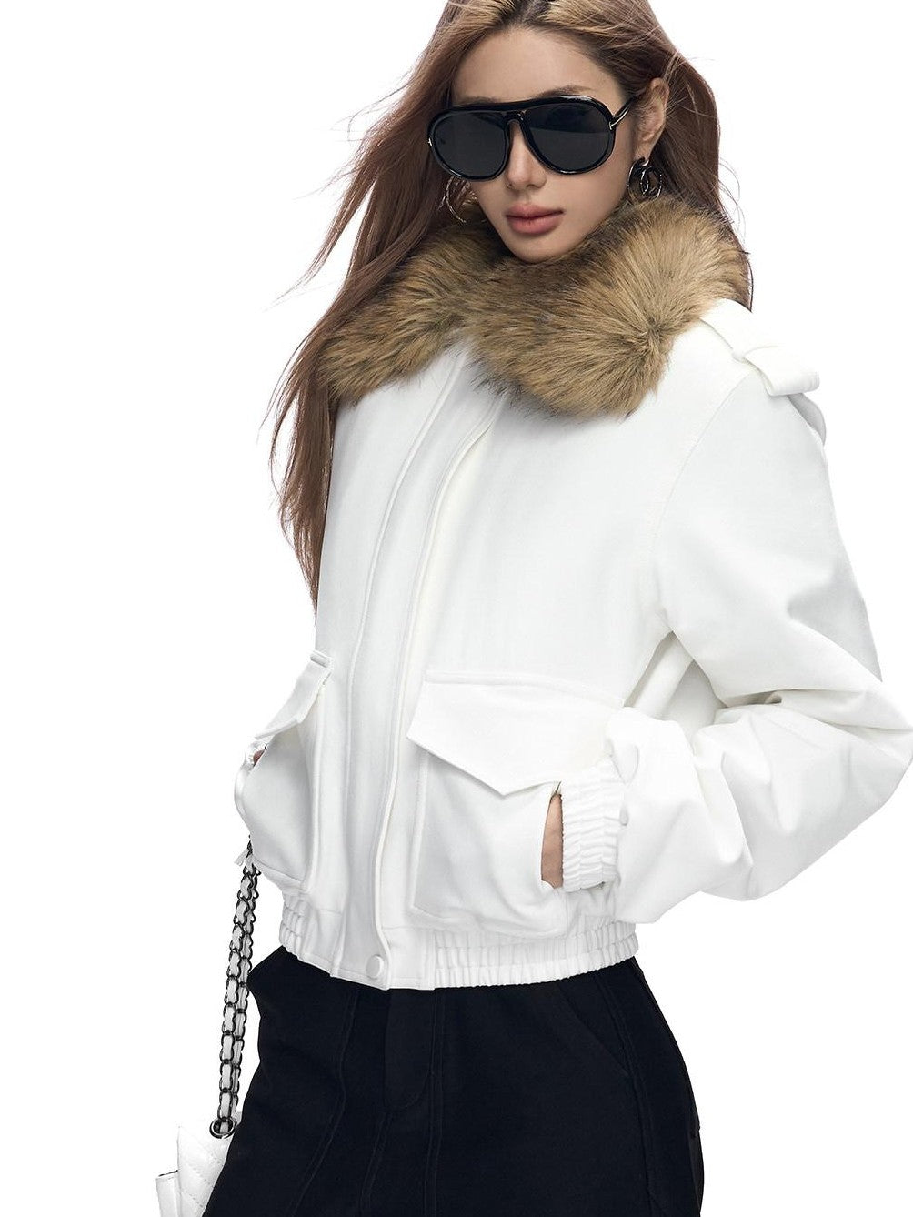 Fanptntox Detachable Fur Collar Quilted Short Women's Polyester Blend Puffer Jackets