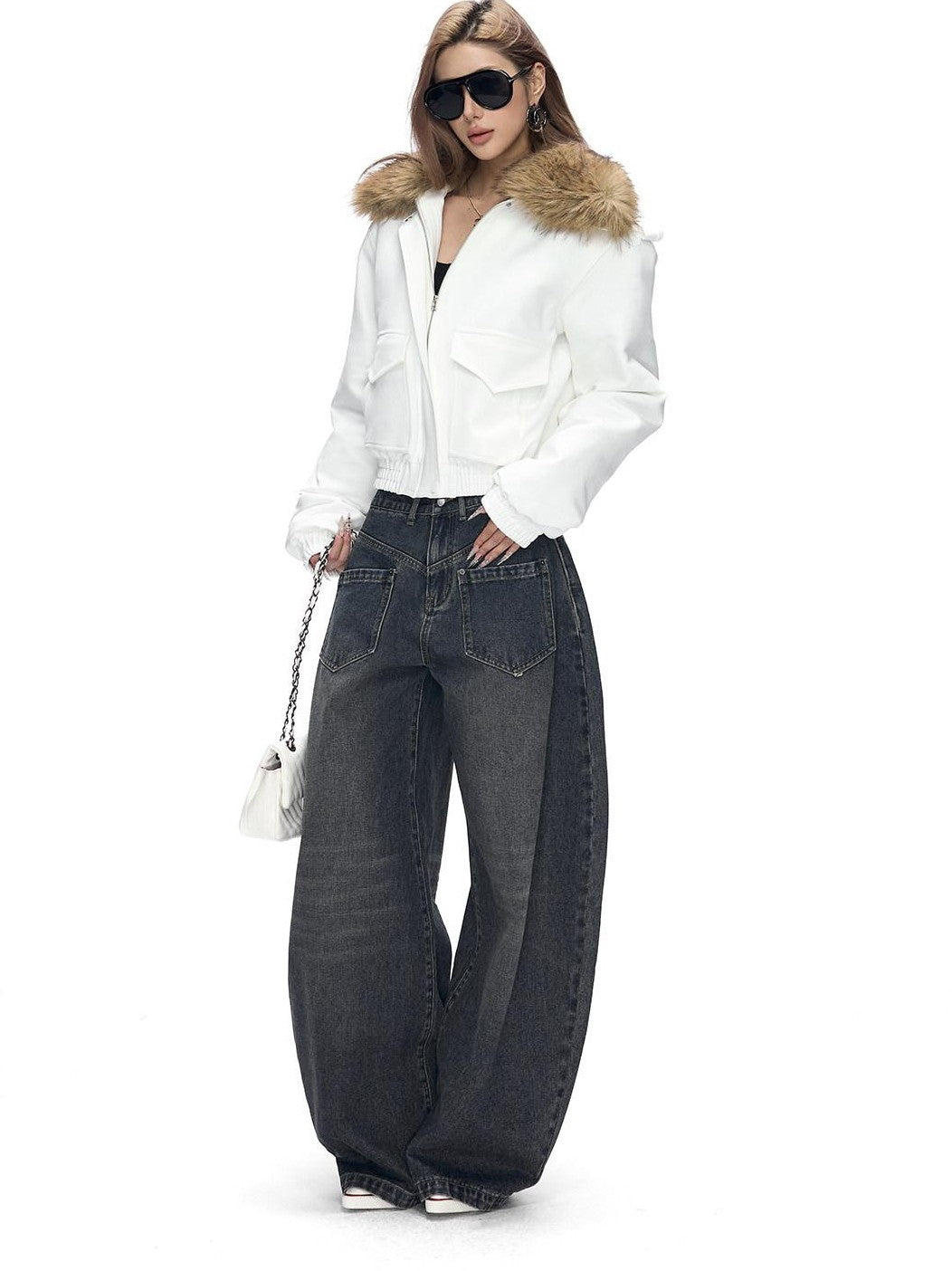 Fanptntox Detachable Fur Collar Quilted Short Women's Polyester Blend Puffer Jackets